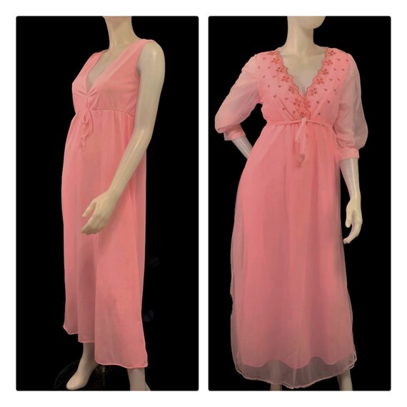 60s Peignoir Set, Vintage Pink Lingerie, Long Pink