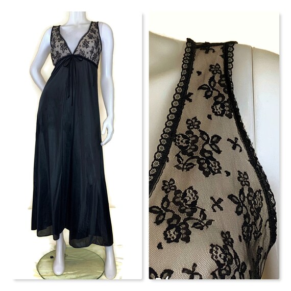 Vintage 60s Black Nightgown With Lace Over Beige Bodice 1960s