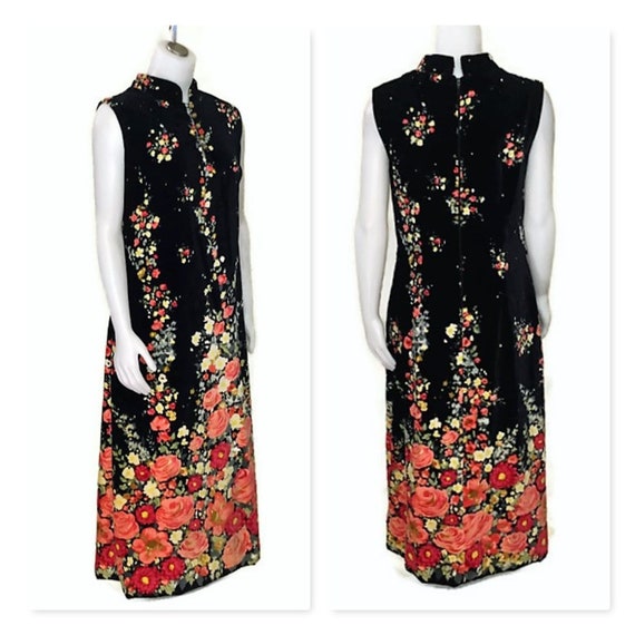 60s Maxi Dress, Cotton Velvet, Black Floral Dress,