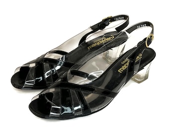 Vintage 1960s Chunky Acrylic Heel Sling Back, 60s Open Toe  Clear and Black Vinyl Shoes