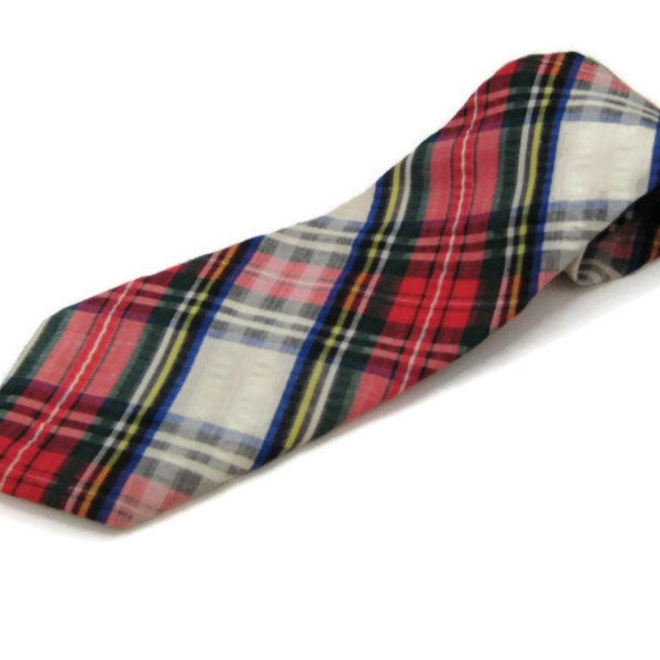 70s Plaid Seersucker Tie in White Red Blue, Vintage 1970s Tartan Tie