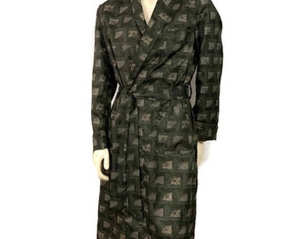 Vintage 1950s  Belted Dressing Gown in Green & White, 50s Silky Robe