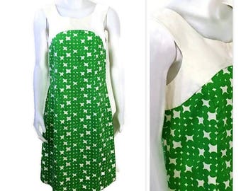 60s Sleeveless Summer Dress in Green & White, Vintage 1960s Day Dress