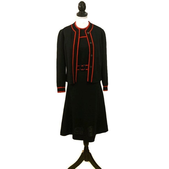 1960s Black Dress and Sweater, Black with Red Trim