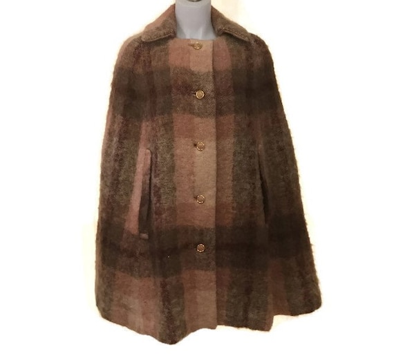 60s Mohair Cape, Pink Brown Cape, 1960s Tartan Cap