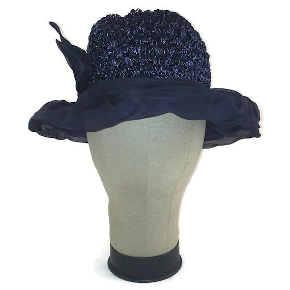 50s Blue Hat, Blue Chiffon Hat, Blue Rafia Hat, Da