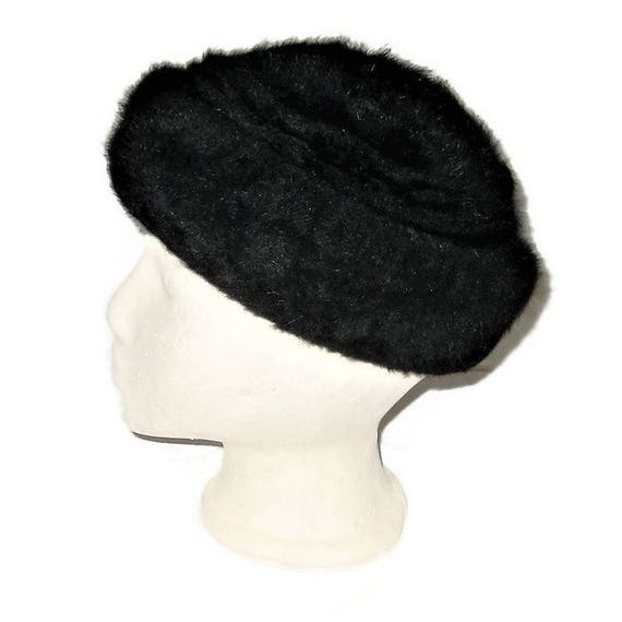 60s Black Cap, Black Beanie, 1960s Angora Cap, Ang
