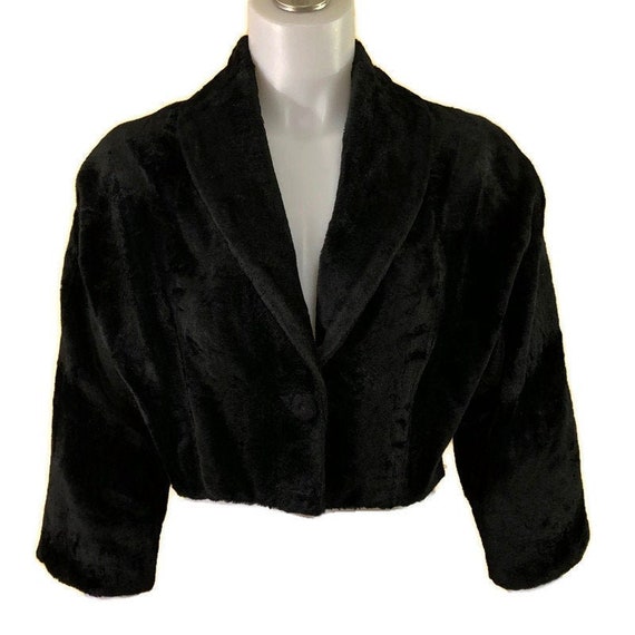 60s Black Crop Jacket, Black Faux Fur Bolero, Shor