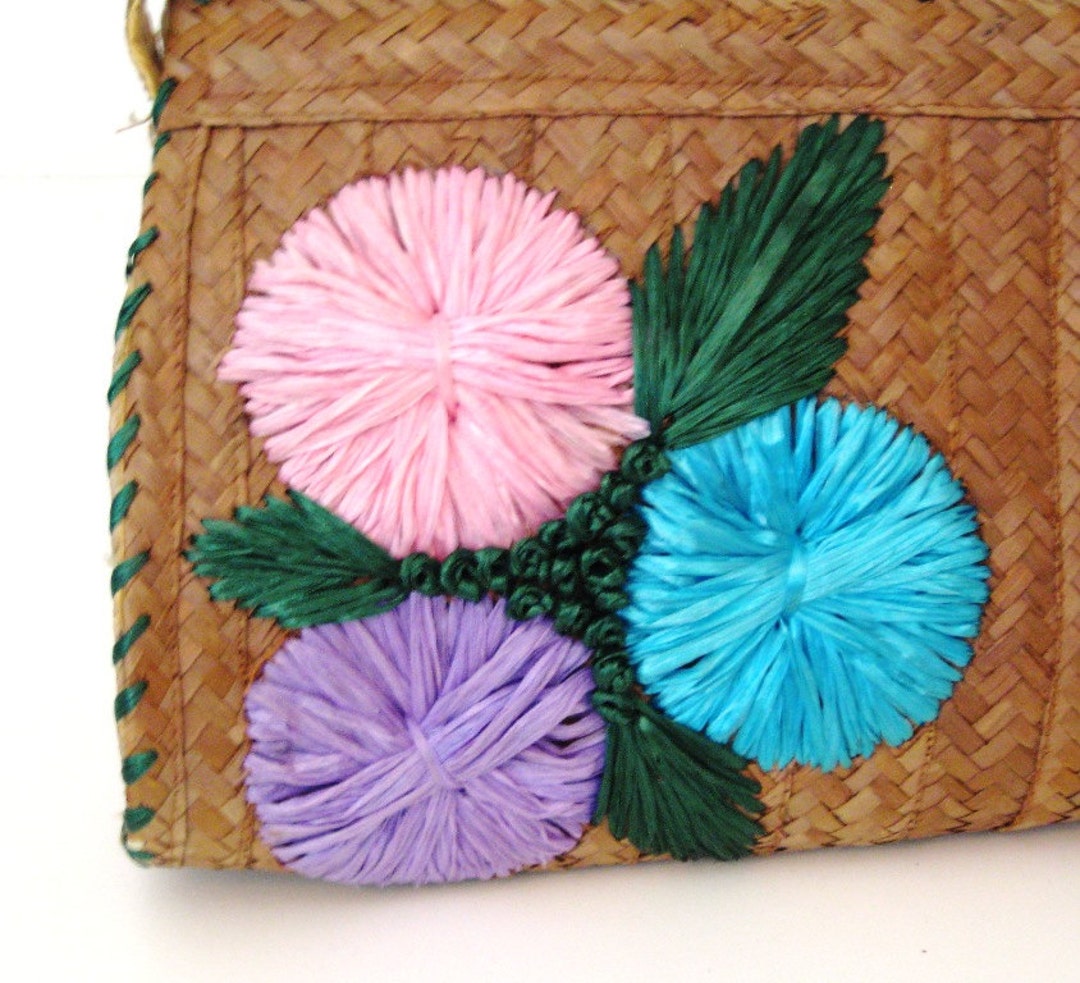 60s Woven Straw Bag With Raffia Embroidered Flowers, Vintage 1960s ...