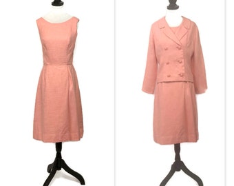 1960s Pink Woven Fabric Lined Dress and Jacket,  Vintage 60s Spring Suit