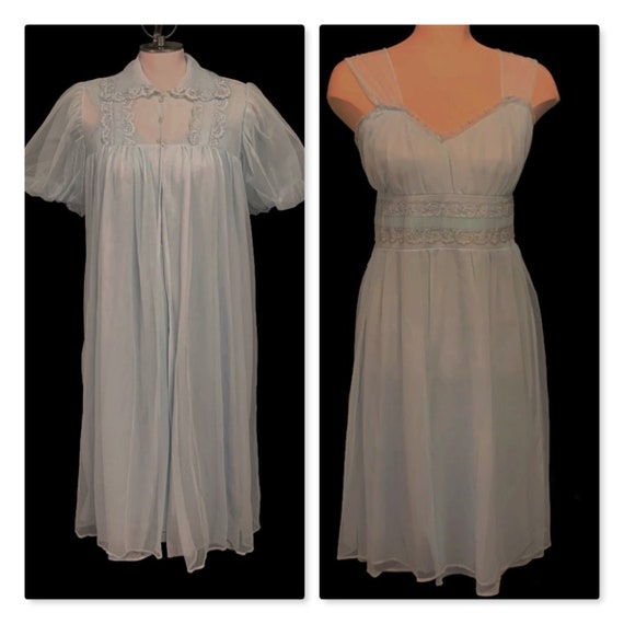 50s Blue Peignoir Set, Vintage Lingerie, Short Rob