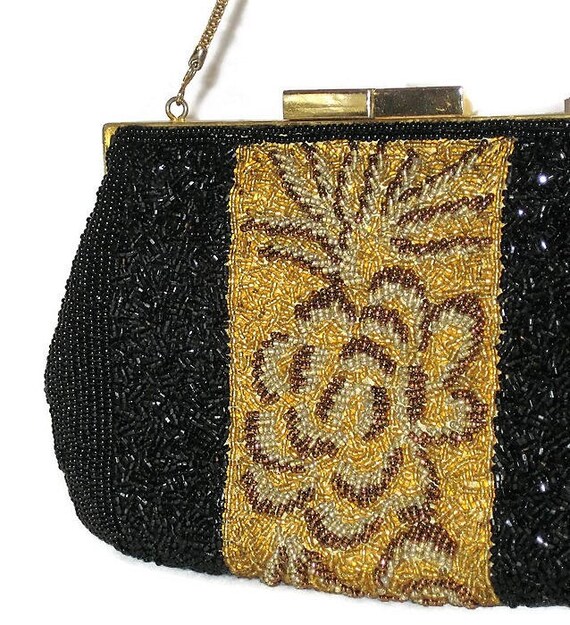 60s Beaded Purse, Black Gold Purse, Beaded Cocktai