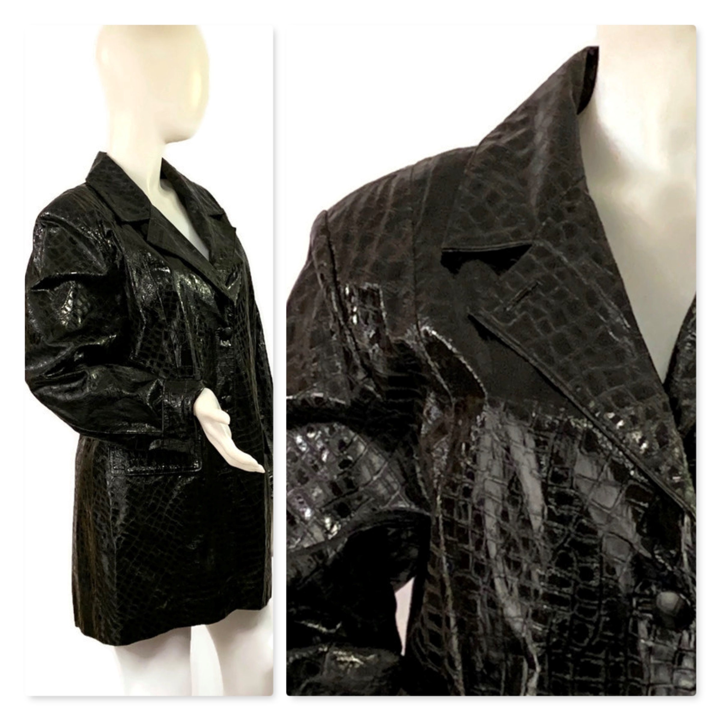 80s Black Leather Coat With Embossed Snake Skin Pattern 