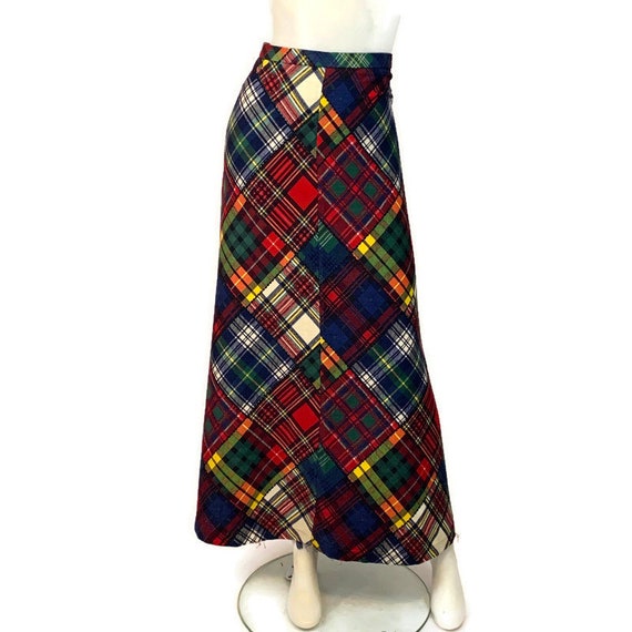 Vintage 70s Plaid Patchwork Look Print Maxi Skirt,