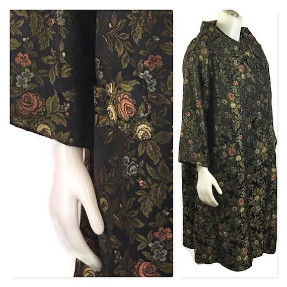 50s Black Floral Evening Coat, Vintage 1950s Swing