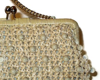 60s  Bead & Raffia Purse, 1960s Off White Summer Clutch