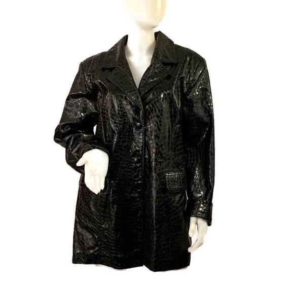 80s Black Leather Coat With Embossed Snake Skin Pattern 