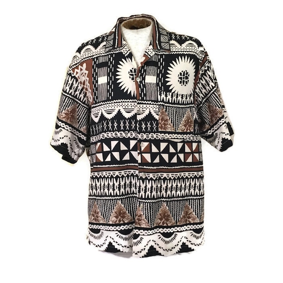 60s Hawaiian Barkcloth Shirt, Black White Brown Co