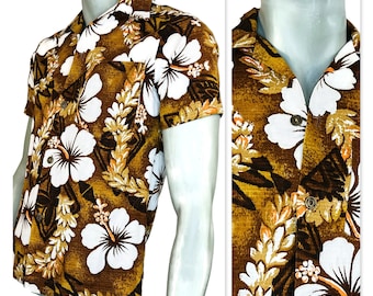 Vintage 60s Floral Hawaiian Shirt in Brown Gold & White Cotton Barkcloth, 1960s Short Sleeve Top