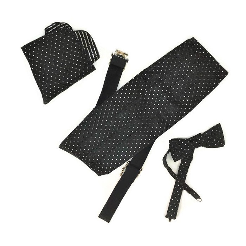 80s Cummerbund Set Men/'s Formal Wear 1980s Tux Cummerbund Bow Tie Pocket Square Sparkly Cummerbund Tuxedo Accessory Black Silver
