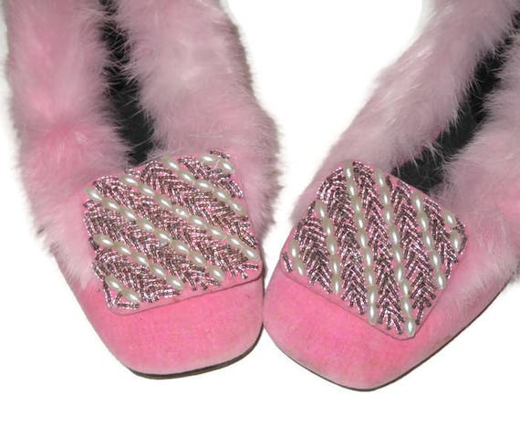 Vintage 60s Pink Fur Slippers, 1960s Beaded Slippers - Gem