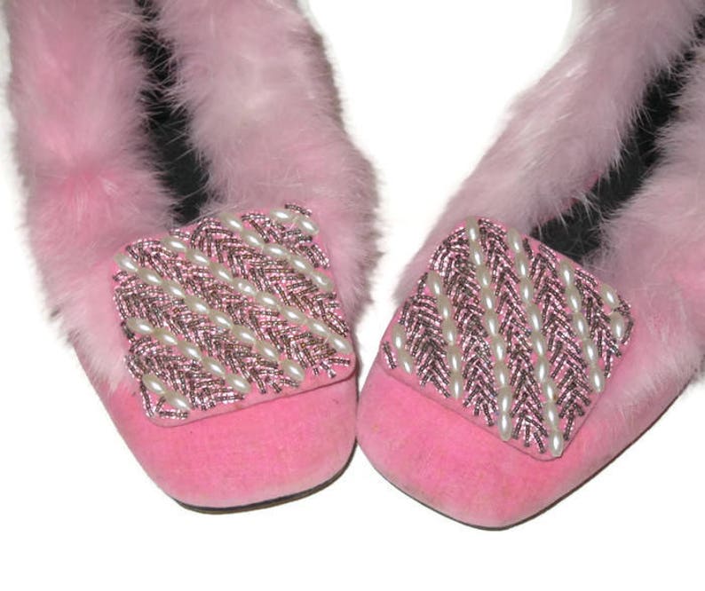 Vintage 60s Pink Fur Slippers 1960s Beaded Slippers | Etsy