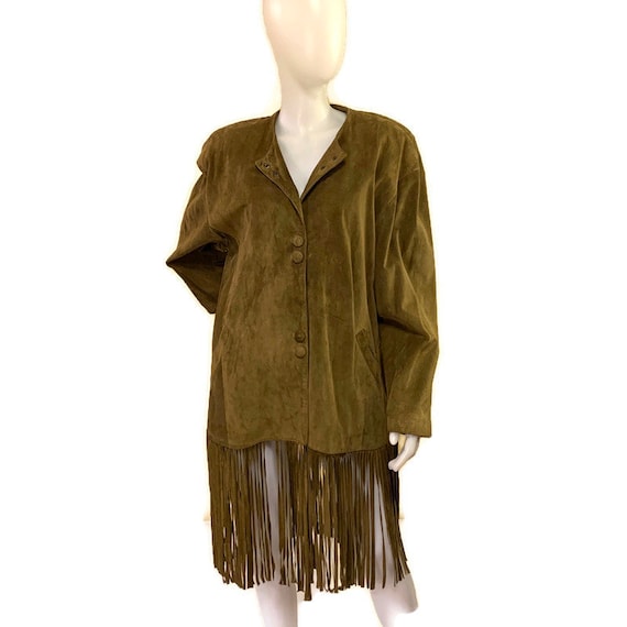 80s Vintage 1980s Khaki Suede Coat with Long Fring