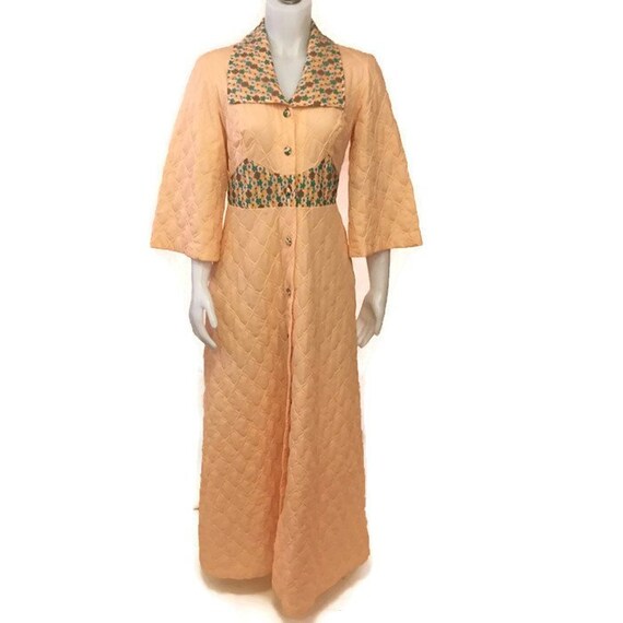 60s Peach Robe, Quilted Dressing Gown, Long Robe,