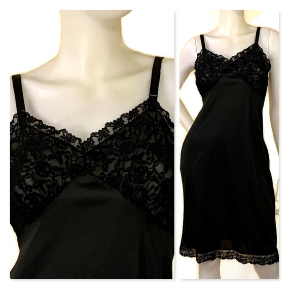 1960s Black Full Slip with Black Lace Bodice, Vintage… - Gem