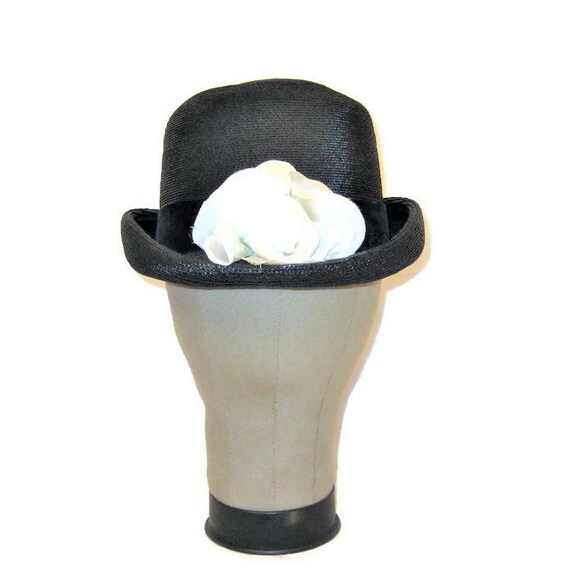 60s Bowler Hat, Black Straw Bowler, Derby Hat, 196