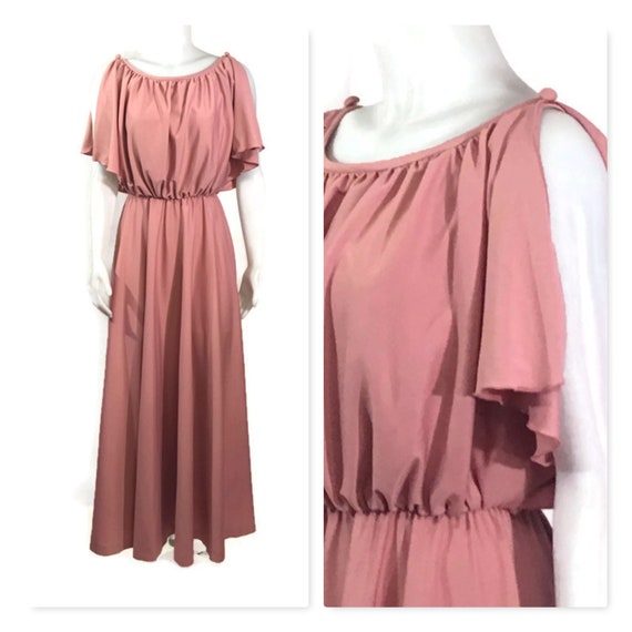 70s Flutter Sleeve Maxi Dress, Vintage 1970s Long… - image 1