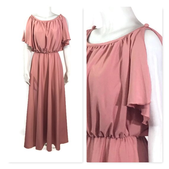 70s Flutter Sleeve Maxi Dress, Vintage 1970s Long