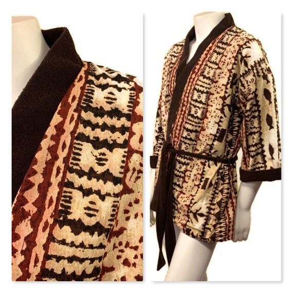 50s Men's Beach Cover, Barkcloth Robe, Belted Caba