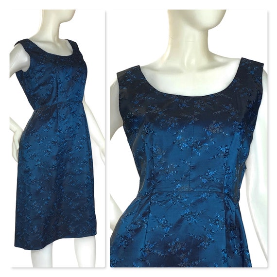 50s Blue on Blue Floral Embroidered Cocktail Dres… - image 1