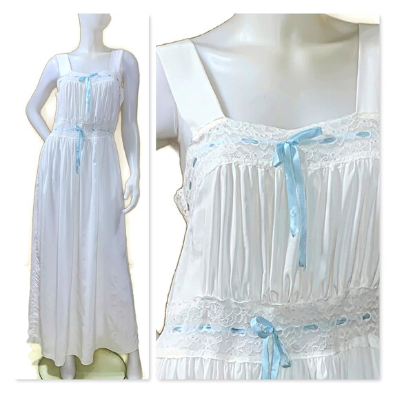 Vintage 40s Long White Nightgown with White Lace … - image 1