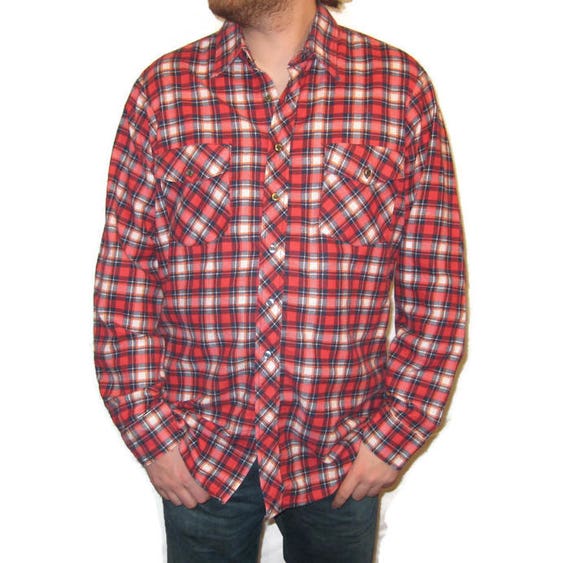 50s Men's Shirt Men's Flannel Shirt Red Plaid Shir