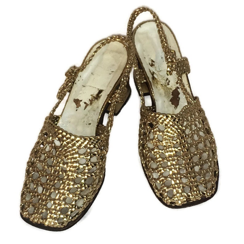 gold shoes with chunky heel