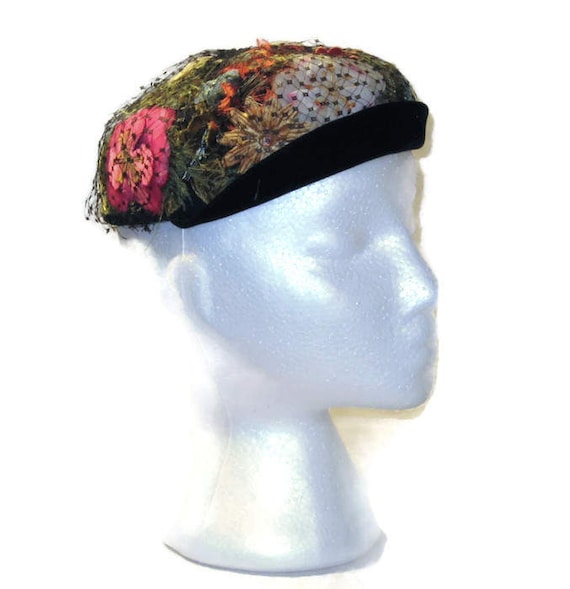 50s Skull Cap Flowered Beanie 1950s Floral Cap Flo