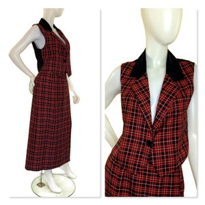 Vintage 90s Red & Black Plaid Wrap Skirt and Velvet Trimmed Vest, 1970s Skirt and Vest image 2