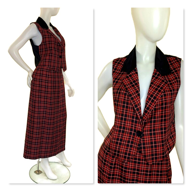 Vintage 90s Red & Black Plaid Wrap Skirt and Velvet Trimmed Vest, 1970s Skirt and Vest image 2