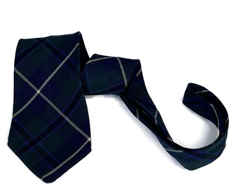 Vintage 1960s Douglas Tartan Wool Necktie,  60s Plaid Tie in Blue, Green, Black and White