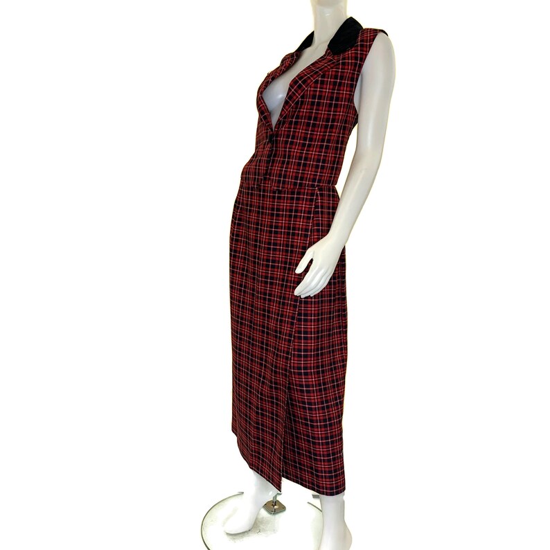 Vintage 90s Red & Black Plaid Wrap Skirt and Velvet Trimmed Vest, 1970s Skirt and Vest image 4