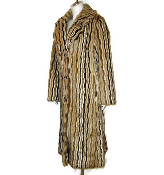 70s Long Coat, Faux Fur Coat, Striped Coat 1970s W