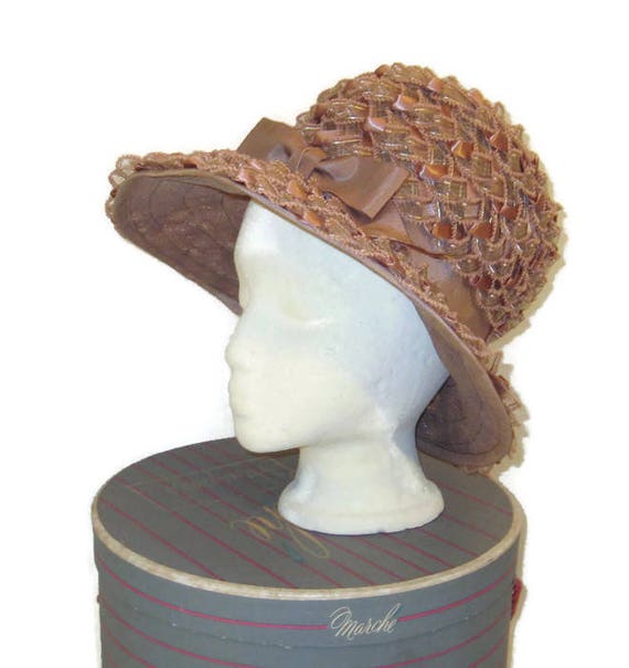 1960s Taupe Hat, Lampshade Hat, Ribbon Hat Black,