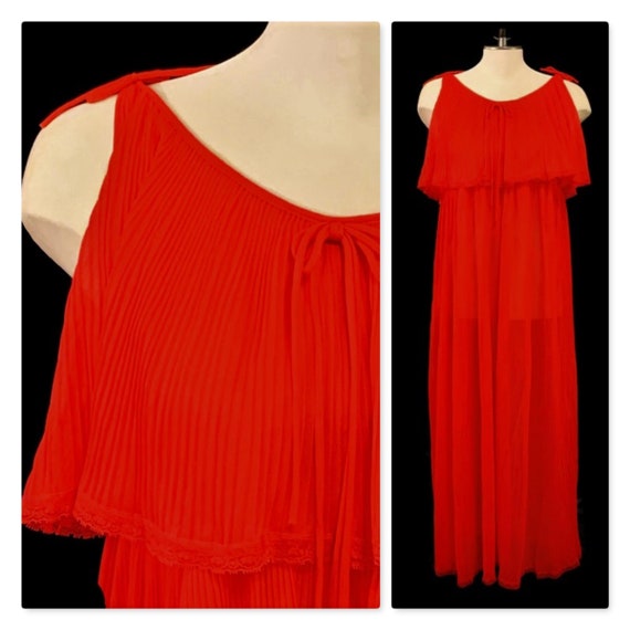 60s Red Nightgown, Pleated Chiffon Nightgown, Vint