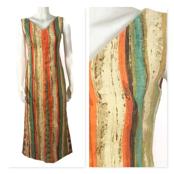 50s Striped Barkcloth Dress, Vintage 1950s Midi Dr