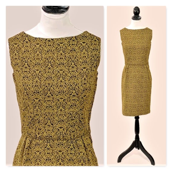 50s Black Gold Dress, Extra Small Cocktail Dress,