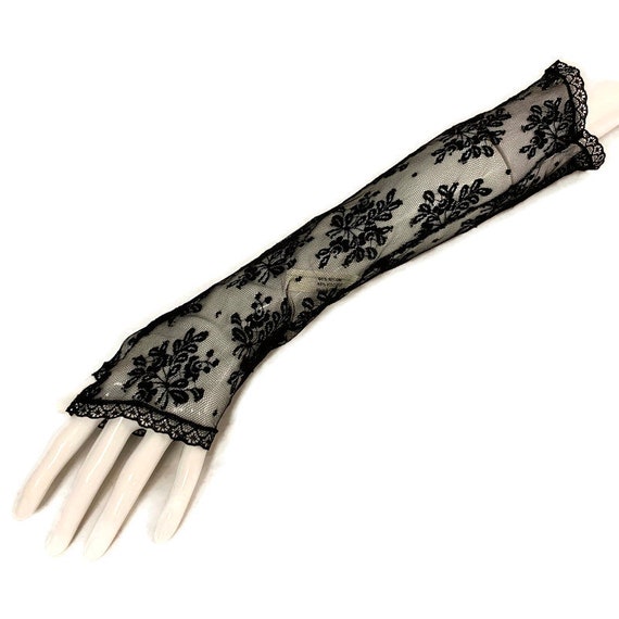 80s Black Lace Fingerless Gloves, Elbow Length Lac