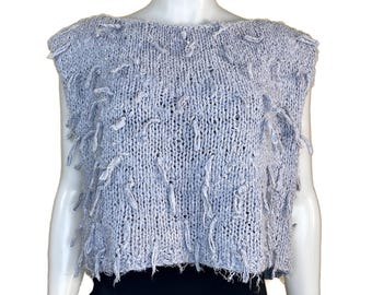 80s Gray Grunge Sleeveless Crop Top, Vintage 1980s Rag Rug Textile Shirt