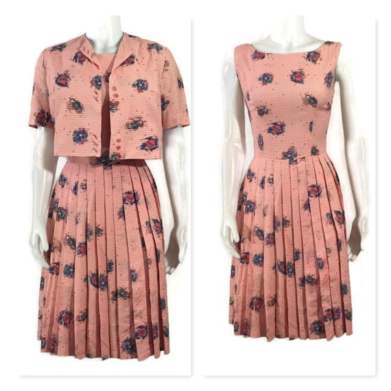 50s Pink Blue Seersucker Dress, Vintage 1950s Ato… - image 1